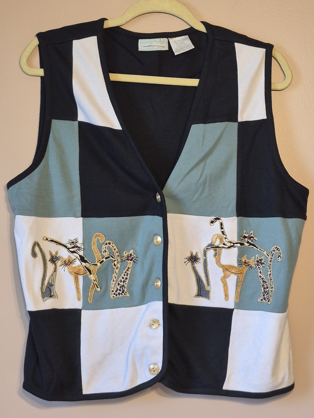 Vintage 220 Hickory Cat Embroidered Button Vest - Black & Teal